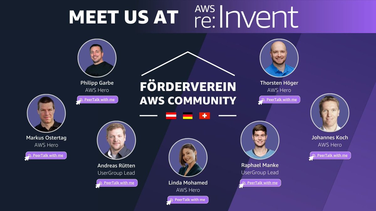 We're going to AWS re:Invent. Want to meet us?

Philipp: reinvent.awsevents.com/learn/peertalk…
Thorsten: reinvent.awsevents.com/learn/peertalk…
Johannes: reinvent.awsevents.com/learn/peertalk…
Raphael: reinvent.awsevents.com/learn/peertalk…
Linda: reinvent.awsevents.com/learn/peertalk…
Markus: reinvent.awsevents.com/learn/peertalk…
Andreas: reinvent.awsevents.com/learn/peertalk…