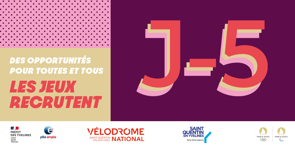 #Agenda - J-5 avant Les Jeux Recrutent ! 🚀

Un événement organisé par @pole_emploi, <a href="/sqy/">Saint-Quentin-en-Yvelines 🚀</a>, <a href="/Paris2024/">Paris 2024</a> et ses partenaires
🎯 Objectif : valoriser les opportunités d’emploi en vue des Jeux Olympiques et Paralympiques 2024

📅 21/11 
📍 <a href="/Velodrome_nat/">Vélodrome National</a>
👉 plmpl.fr/c/zGx4P