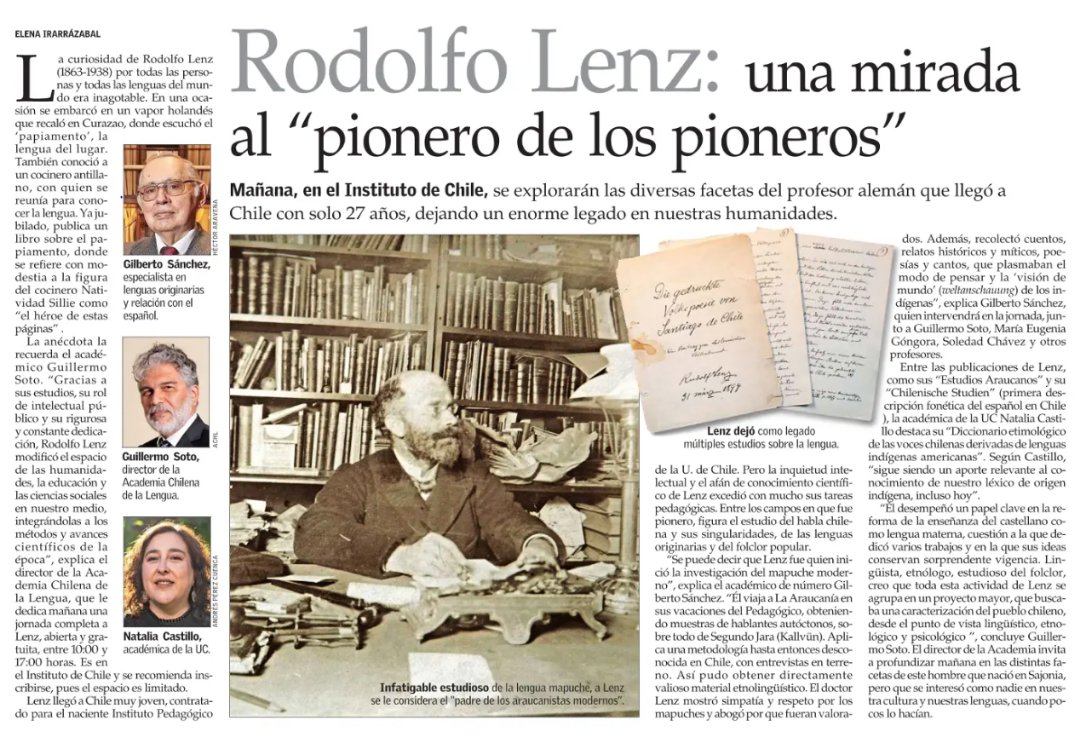 Hoy en El Mercurio el director de nuestra Academia, Guillermo Soto, y el académico Gilberto Sánchez comparten ideas sobre el lexicógrafo Rodolfo Lenz, con motivo del encuentro “El legado de Lenz” que se realizará mañana, 17 de noviembre, de 10 a 17:30 h, en el Instituto de Chile.