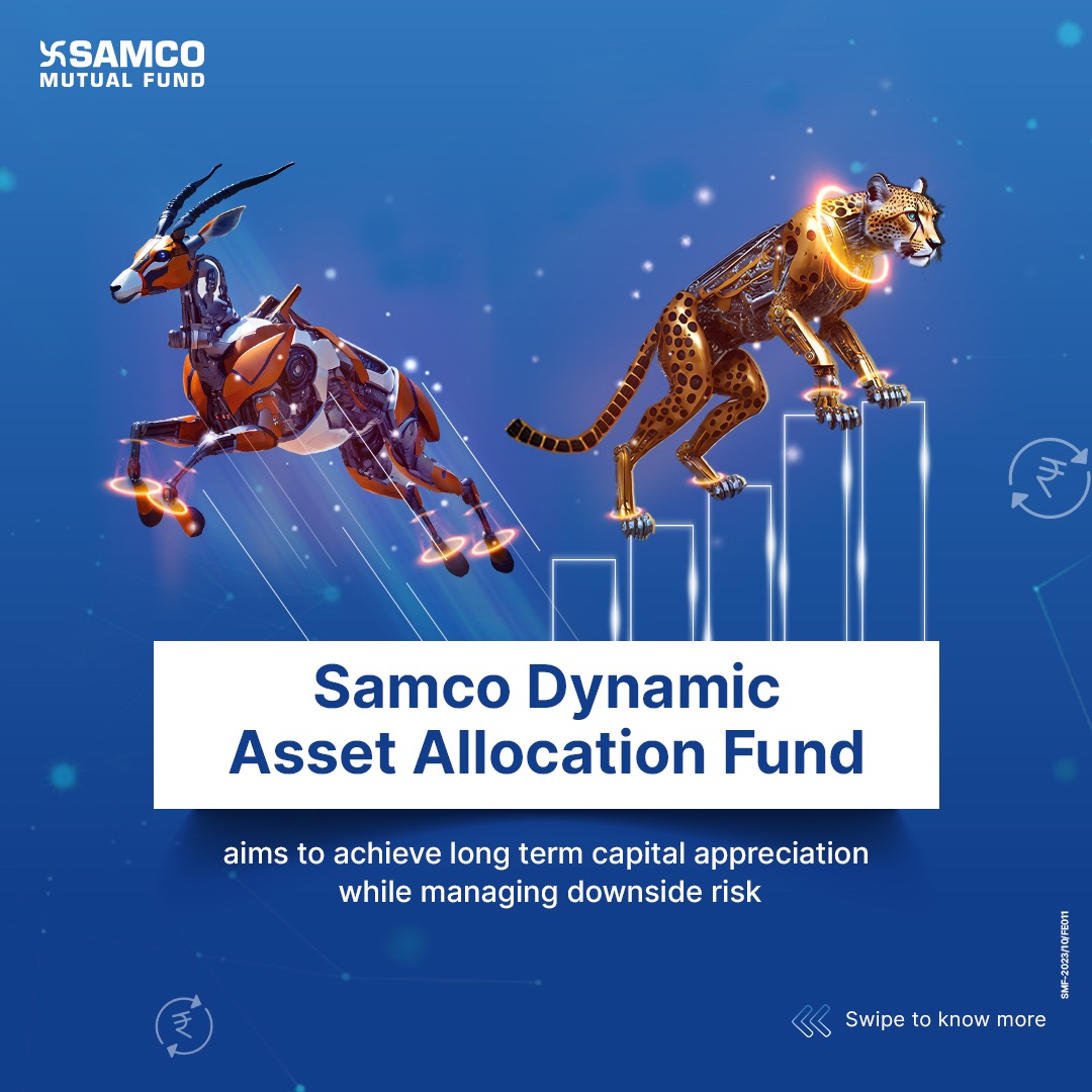 Samcomutualfund's tweet photo. Samco Dynamic Asset Allocation Fund aims to manage downside risk by seamlessly transforming into 0-100% debt/arbitrage during downtrends and when the trend changes upwards, our proprietary TRANSFORMER model enters 0 to 100% equity exposure to take advantage of bull markets 🚀 https://t.co/ojnojO75J9