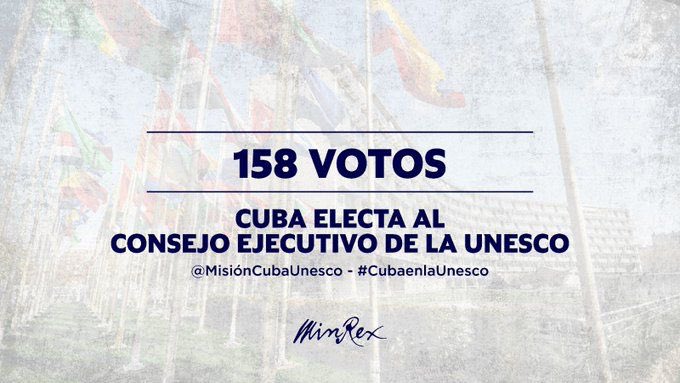 ¡Otra gran victoria para #Cuba!

En esos 158 votos va el reconocimiento mundial a la labor desarrollada por la Isla en la promoción de la Educación, la Ciencia y la Cultura. 

No es magia, ni fruto del azar. Es la Revolución Cubana. 

#CubaPorLaVida 🇨🇺