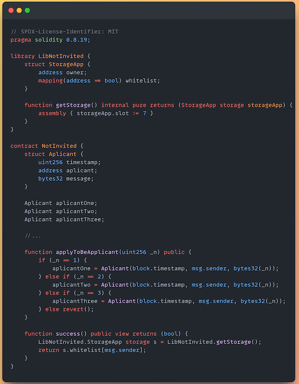 Hacking challenge #3
(diamond storage)

No fuiste incluido en la lista blanca. Puedes aplicar para participar en un sorteo aleatorio para ser parte de la lista blanca. Sin embargo, eso no es para ti. Resuelves el desafío si terminas en la lista blanca.

github.com/Blockchain-Bit…