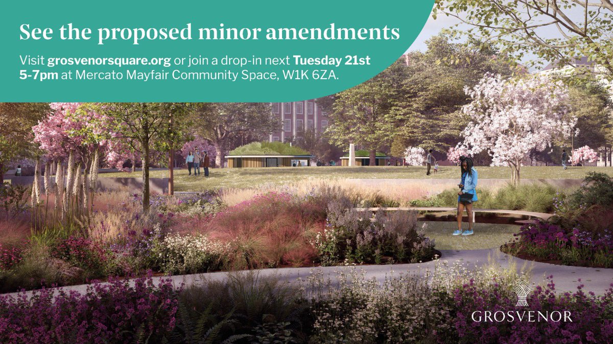 Since planning permission for Grosvenor Square's redesign was approved by <a href="/CityWestminster/">Westminster City Council</a>, we've appointed <a href="/bdp_com/">BDP</a> to be Lead Designer &amp; identified minor amendments to enhance the proposals. See them at grosvenorsquare.org or join a drop-in next Tues 5-7 at Mercato Mayfair.