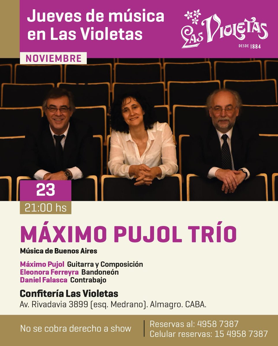 Imperdible este trio de musicos de excelencia. Las Violetas. Rivadavia y Medrano. Jueves 23, 21 hs. 
 No se cobra derecho a show. Programacion y coordinacion general: Patricia Corradini