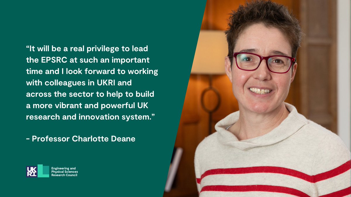 We're delighted to announce the appointment of Prof Charlotte Deane as the new Executive Chair of the EPSRC. 

Prof Deane, <a href="/UniofOxford/">University of Oxford</a> Professor and Chief AI Officer <a href="/exscientiaAI/">Exscientia</a>, will take up the role in January 2024: orlo.uk/EWLzn 

📸 Tom Fuller/<a href="/UniofOxford/">University of Oxford</a>