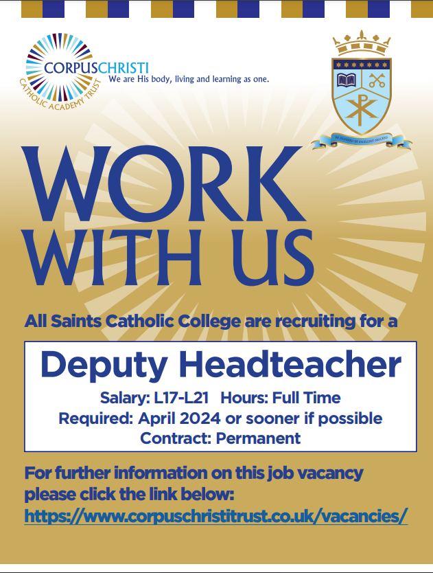 @allsaintsccduk are recruiting for a Deputy Headteacher. We are interested in hearing from inspirational leaders to work in partnership with the Headteacher. Contact us at recruitment@corpuschristitrust.co.uk for more information.