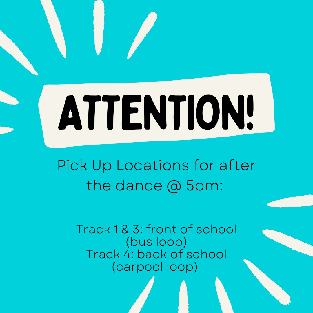 ✈️ Air Traffic Control for our Pilots ✈️ 
Posted are tomorrow’s pick up info for after the dance &amp; the sign up for volunteer needs! Have a wonderful day!
🪩 m.signupgenius.com/#!/showSignUp/…
🪩 Track 1 &amp;3: Front of School (bus loop) 5pm
🪩 Track 4: Back of School (carpool loop) 5pm