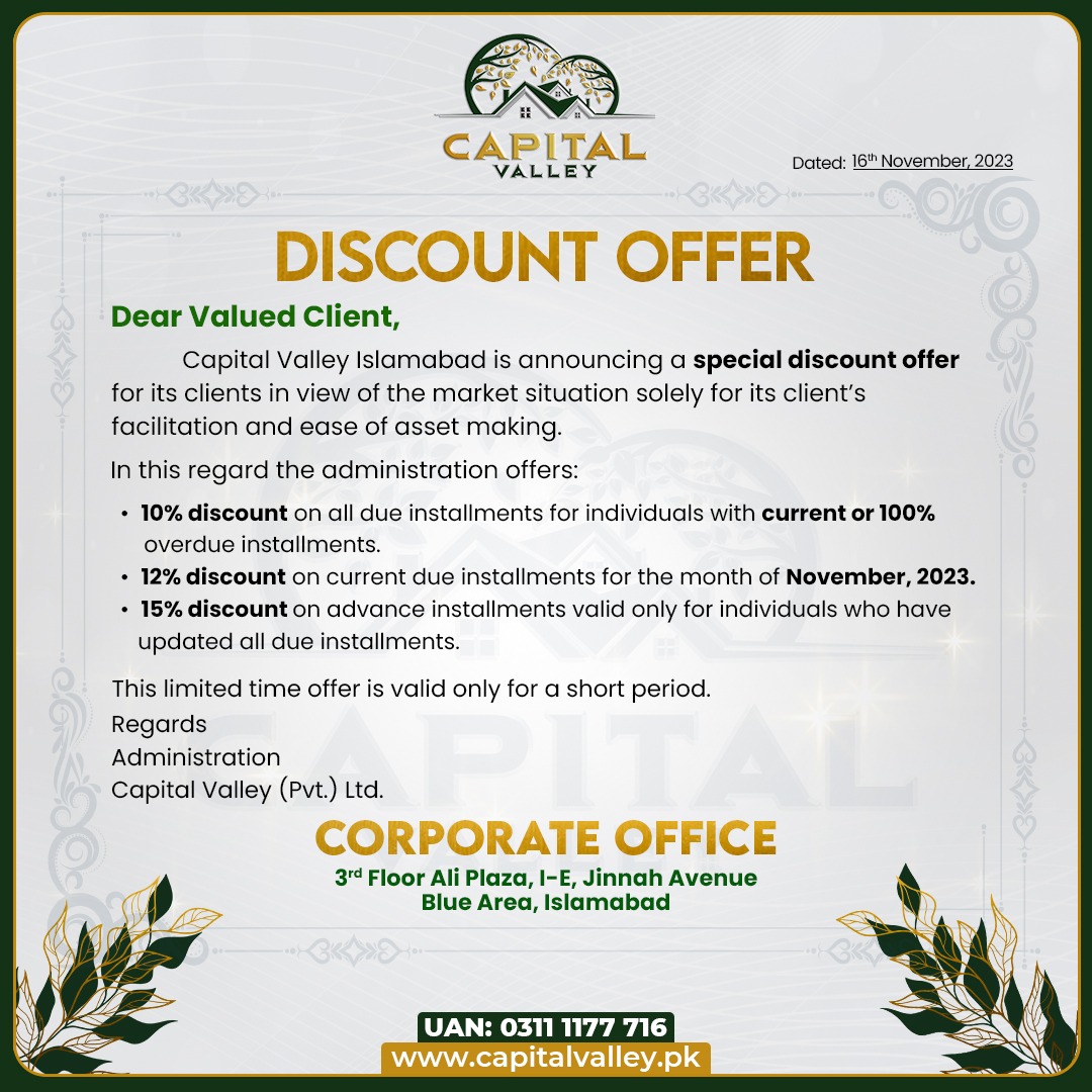 _capitalvalley's tweet image. Keeping clients benefit at first, we are announcing a special discount offer for our valued clients for a limited time period.
.
Learn more at:
🌐 capitalvalley.pk 
or call: 
📞(UAN) 0311 1177716 
.
#DiscountOffer #DisocuntInCapitalValley #Capitalvalley #0kmfromAirport