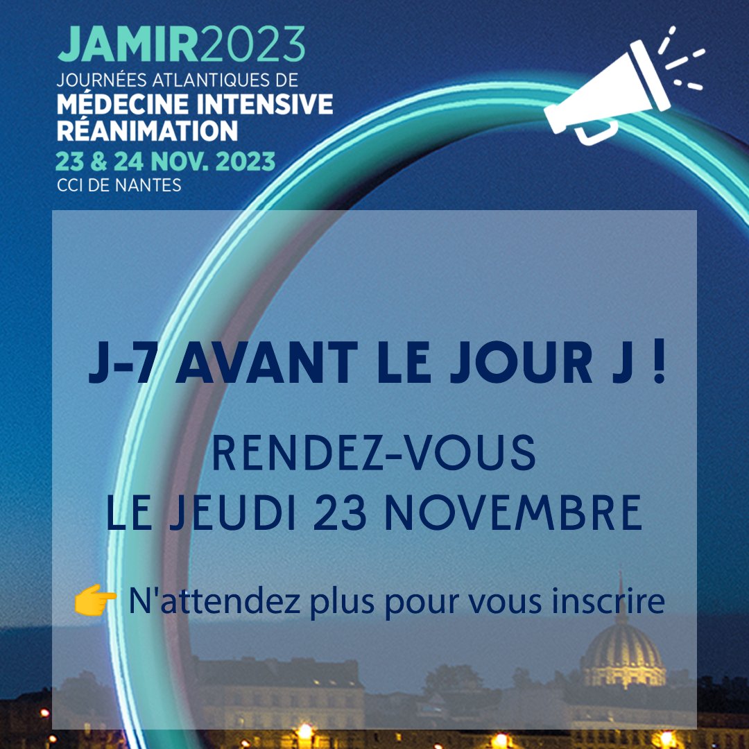 🚨 J-7 avant le jour J ! 
Dans une semaine nous y serons ! 
🗓️Rendez-vous le jeudi 23 novembre 👇

Programme : jamir.fr/programme/
S'inscrire : jamir.fr/inscription/

#jamirnantes 
#congres 
#medecineintensive 
#reanimation
@JBLascarrou