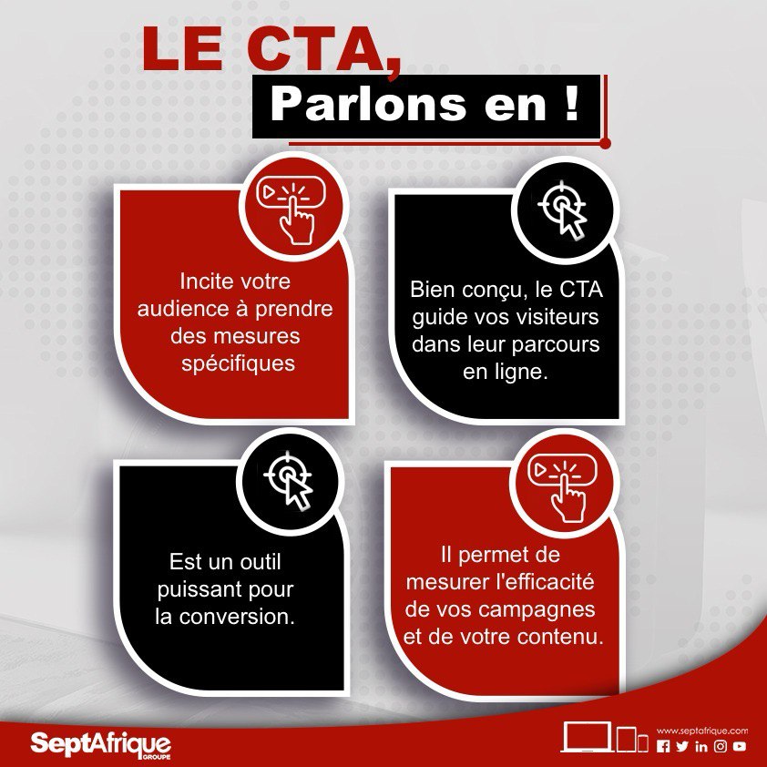 SeptafriqueB's tweet photo. Les CTA sont conçus pour convertir les visiteurs passifs en clients actifs

Découvrez l'impact des CTA en 4 points !
Comment utilisez-vous les CTA dans votre quotidien digital ? Partagez-nous vos secrets en commentaire !

#CTA #DigitalMarketing #Engagement #septafrique https://t.co/cvlmCRXHuo