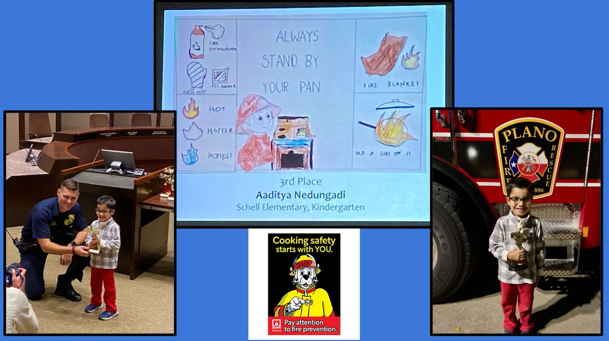 Congratulations to our very own Kindergartener, Aaditya N. for placing 3rd in the PISD Fire Prevention poster contest at the City Level! He was celebrate last night by the Plano Fire-Rescue and his poster will now go on to the state level. Way to go Aaditya! #LevelUpPlanoISD