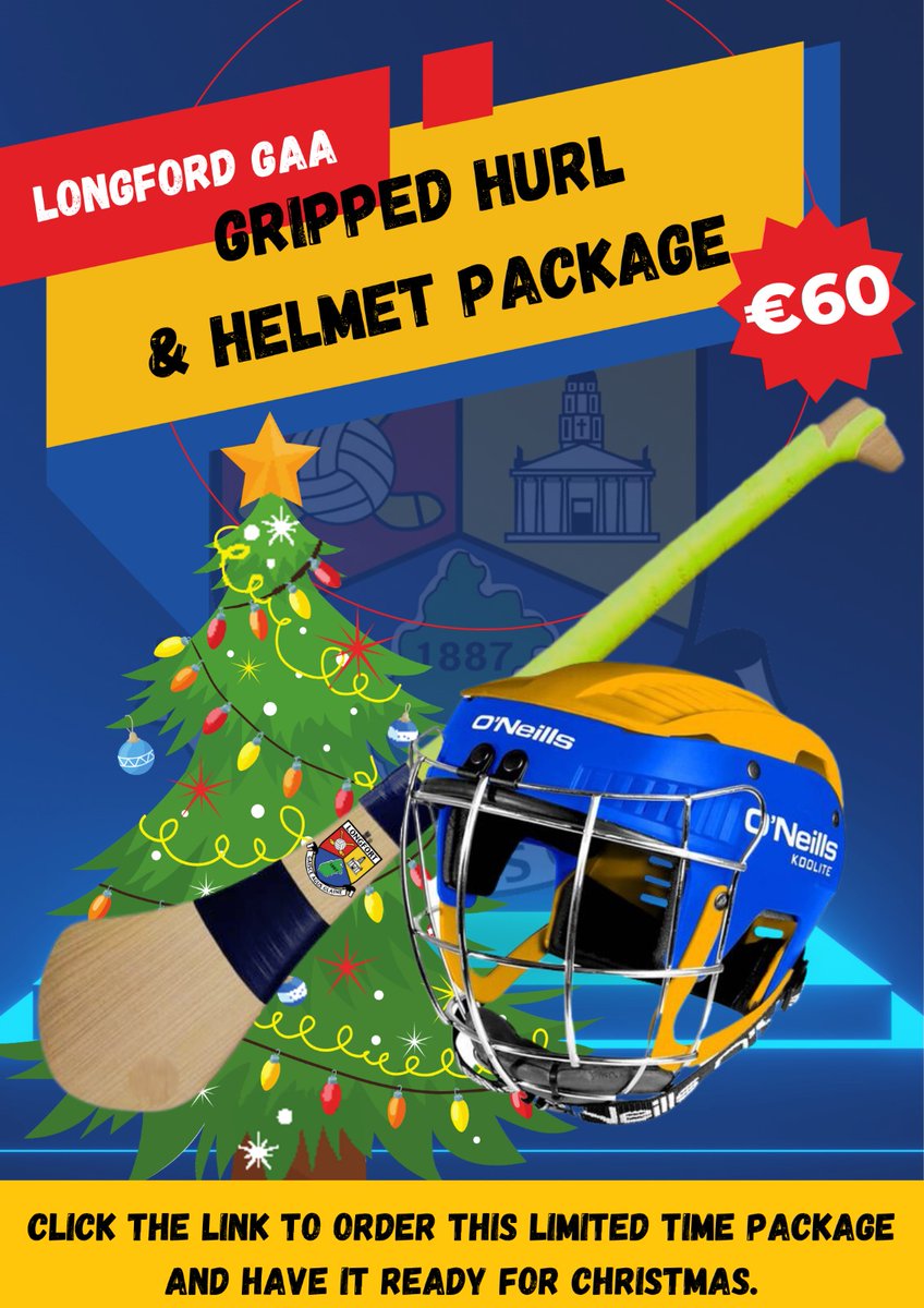 The perfect gift for a child starting hurling/camogie is available now for a limited time. You must be a member of a Longford GAA club to order. Closing date Fri 24th of Nov (to ensure its ready before Xmas).

Order now by clicking on the following link: 
forms.office.com/e/H5VQnAn9Y5