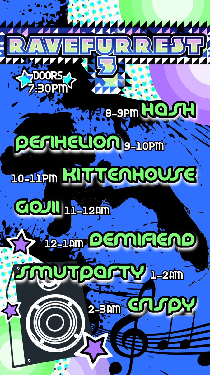 ravefurrest's tweet photo. RAVEFURREST 3 
SET TIMES☆彡 8PM-3AM
🐾🕯️⭐️🐺🐈‍⬛💕💜 https://t.co/Uodja2xZND