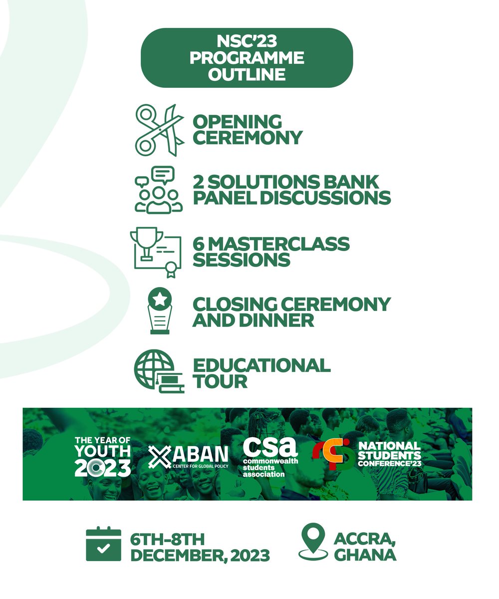 thisisanokye's tweet photo. This December, the team at @AbanGlobal in partnership with @CwealthStudents and other partners presents the first ever National Students Conference (#NSC2023). Students and student leaders have a unique opportunity to learn and be exposed to big opportunities. 

Watch this space https://t.co/RMylFAl3qB