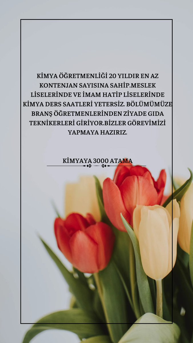 <a href="/mebpersonel/">MEB Personel</a> Kimya Öğretmenleri olarak bizler öğrencilerimizin  yaparak yaşayarak  öğrenmesini istiyoruz ancak alanımızın açığı branşımız ile giderilmiyor.Bu kadar açık varken bu kimyaya haksızlık değil mi?
<a href="/CihadDemirli/">Cihad Demirli</a> <a href="/h_ibrahim_topcu/">Halil İbrahim TOPÇU</a>
<a href="/cftcblnt/">Bülent ÇİFTCİ</a> <a href="/Yusuf__Tekin/">Yusuf Tekin</a>
#YüzüncüYıla3000Kimya