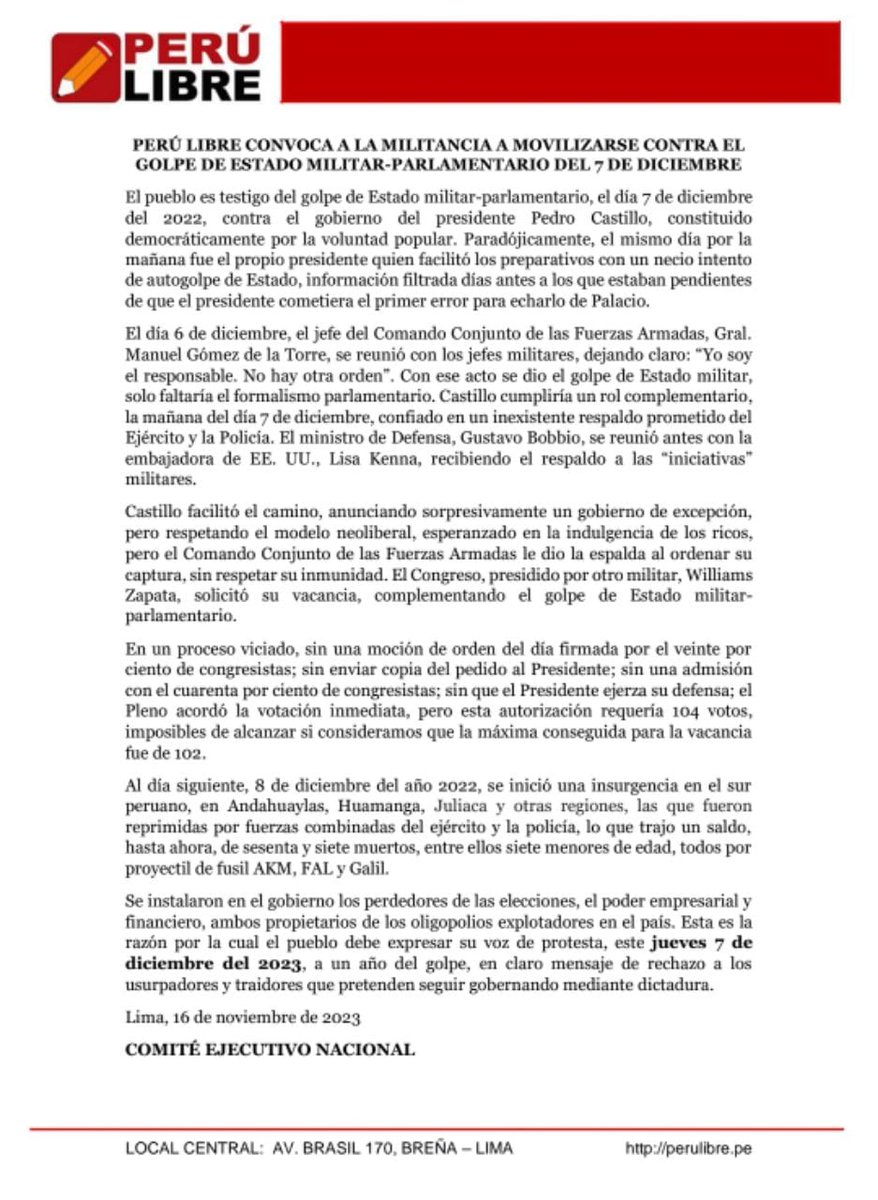 vladimir_cerron's tweet photo. PERÚ LIBRE CONVOCA A LA MILITANCIA A MOVILIZARSE CONTRA EL GOLPE DE ESTADO MILITAR-PARLAMENTARIO DEL 7 DE DICIEMBRE. https://t.co/4p9wMlkd51