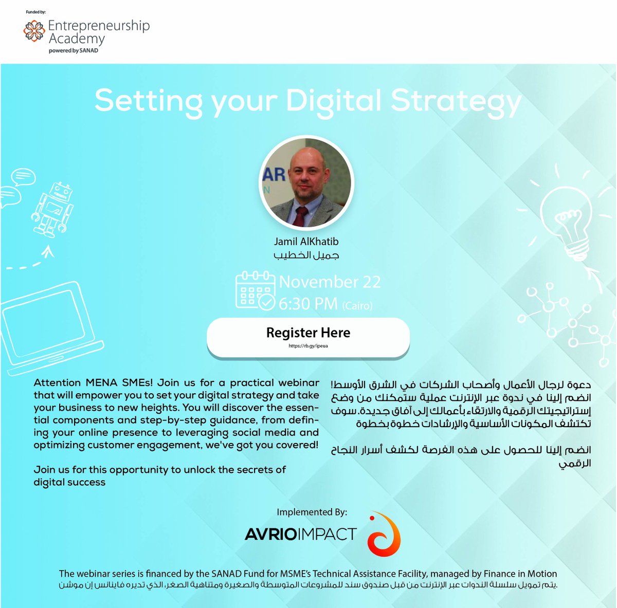 SANAD_MSME (@sanad_msme) on Twitter photo Don't miss out! Register now for our upcoming #webinar with <a href="/SANAD_MSME/">SANAD_MSME</a> TAF in partnership with @avrioimpact! Make your business stand out with insider insights on creating a successful #digitalstrategy.
Secure your spot and soar to new heights! bit.ly/3QK3uWU Don't miss out! Register now for our upcoming #webinar with <a href="/SANAD_MSME/">SANAD_MSME</a> TAF in partnership with @avrioimpact! Make your business stand out with insider insights on creating a successful #digitalstrategy.
Secure your spot and soar to new heights! bit.ly/3QK3uWU