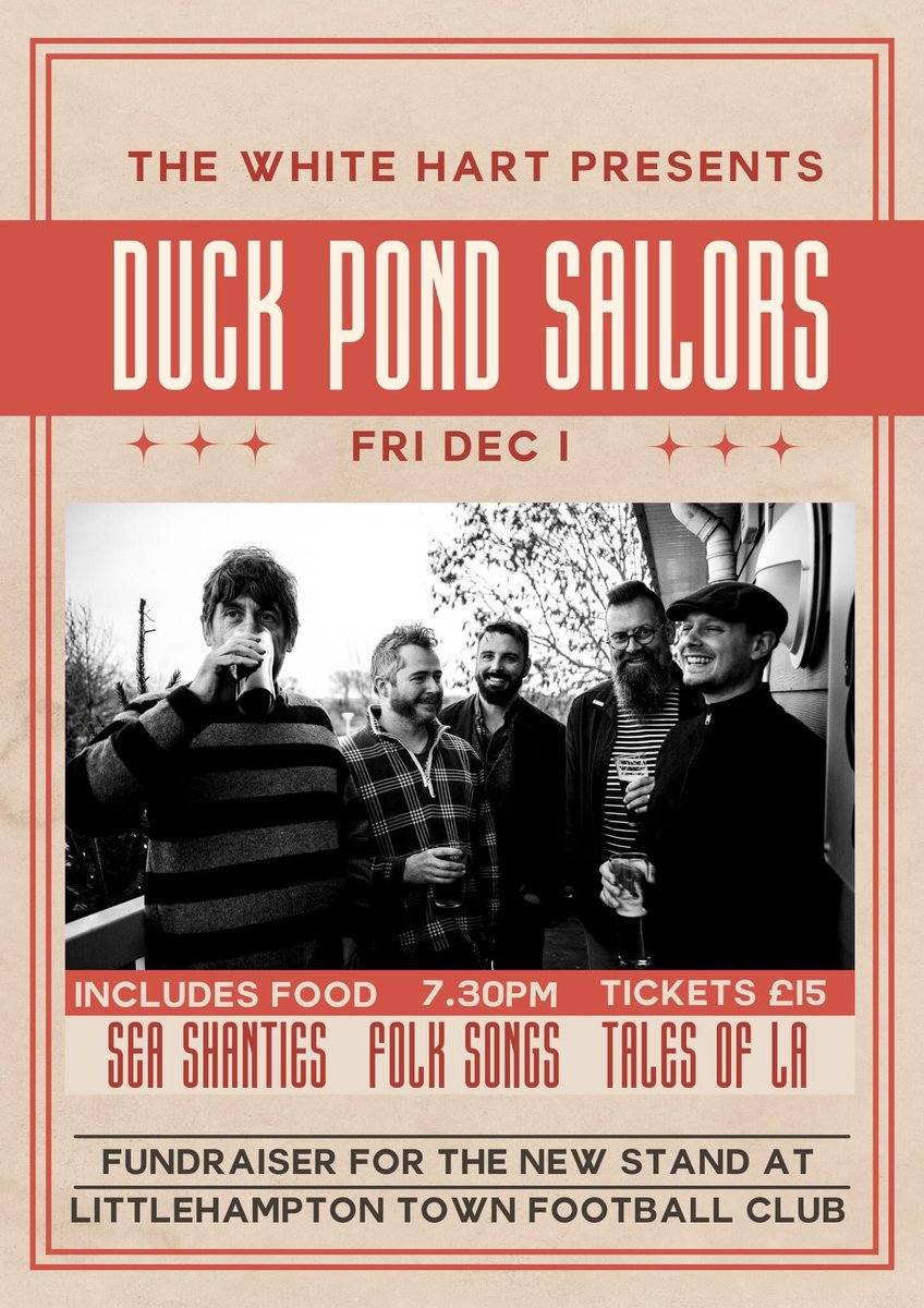 Ahoy! So this gig is just around the corner. Ticket price includes a meal and all the profits go towards the new stand <a href="/LittlehamptonFC/">Littlehampton TownFC</a> . Get your tickets in advance at The White Hart before they’re all gone. Be lovely to see you all.