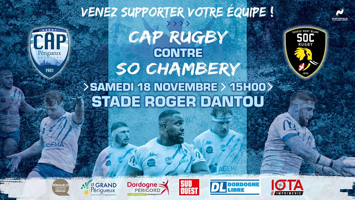 CAP - CHAMBERY 
Supporters du CAP, retour ce samedi sur le Dantou pour le dernier match à domicile de 2023
 
Le CAP reçoit #Chambery pour cette 11ème journée de championnat 
Ouverture des portes à partir de 13h30
Coup d'envoi à 15h
#Gocap #Rugby #Nat1 #Perigueux #Dordogne
