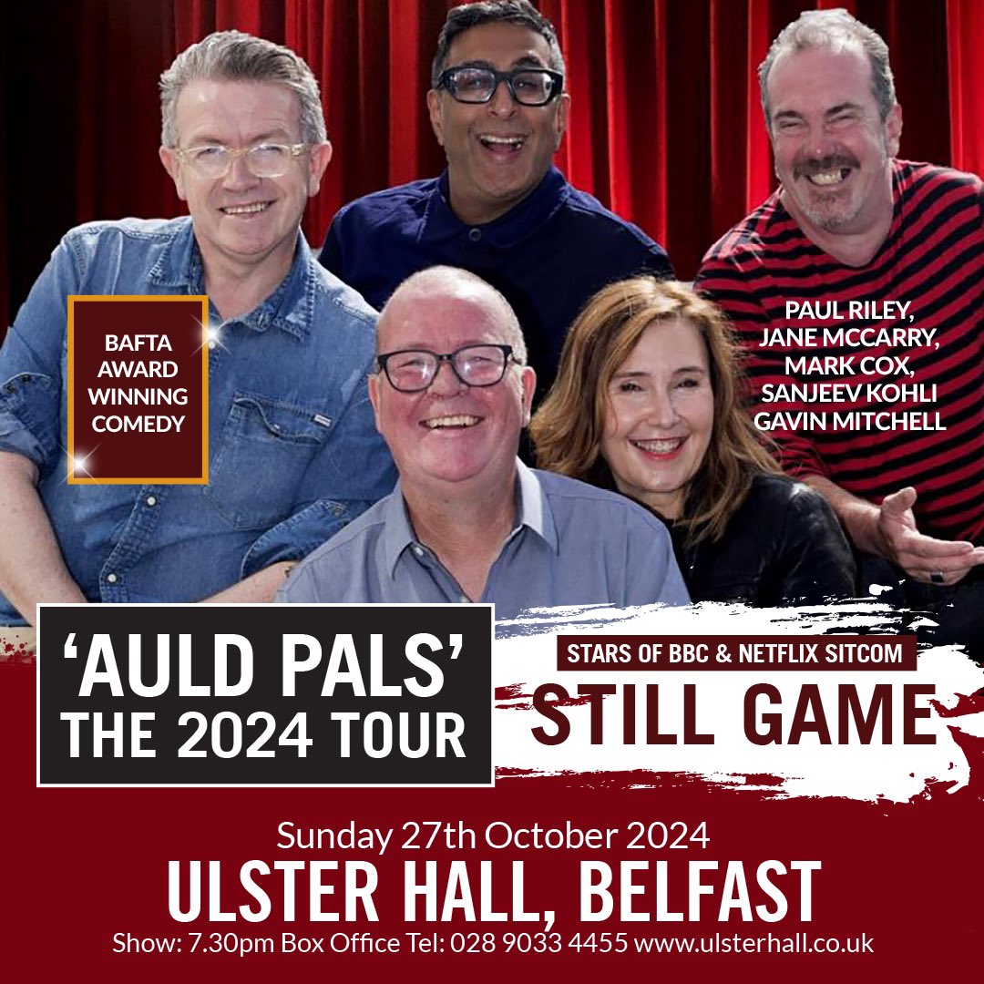 📣 𝗝𝘂𝘀𝘁 𝗔𝗻𝗻𝗼𝘂𝗻𝗰𝗲𝗱 for 𝗦𝘂𝗻𝗱𝗮𝘆 𝟮𝟳𝘁𝗵 𝗢𝗰𝘁𝗼𝗯𝗲𝗿, do not miss '𝗔𝘂𝗹𝗱 𝗣𝗮𝗹𝘀' 2024 Tour in 𝗧𝗵𝗲 𝗨𝗹𝘀𝘁𝗲𝗿 𝗛𝗮𝗹𝗹, Belfast. 

🎟 Tickets on sale now:

ulsterhall.co.uk/what-s-on/auld…

Contact the Box Office for more details: 028 9033 4455