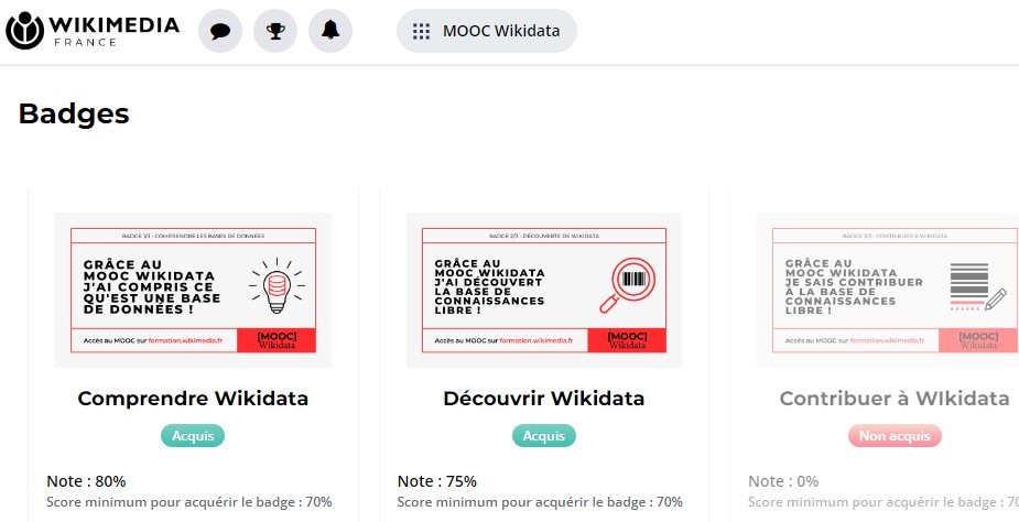 adoscam01's tweet photo. #MOOCWikidata @wikidata deux badges/3 décrochés-56% de point avant mon évaluation soumise-certificat bientôt. Vous pouvez cette passionnante aventure avant la clôture en décembre 👉https://t.co/2OuiiQD2wF https://t.co/gyJMqubrd1