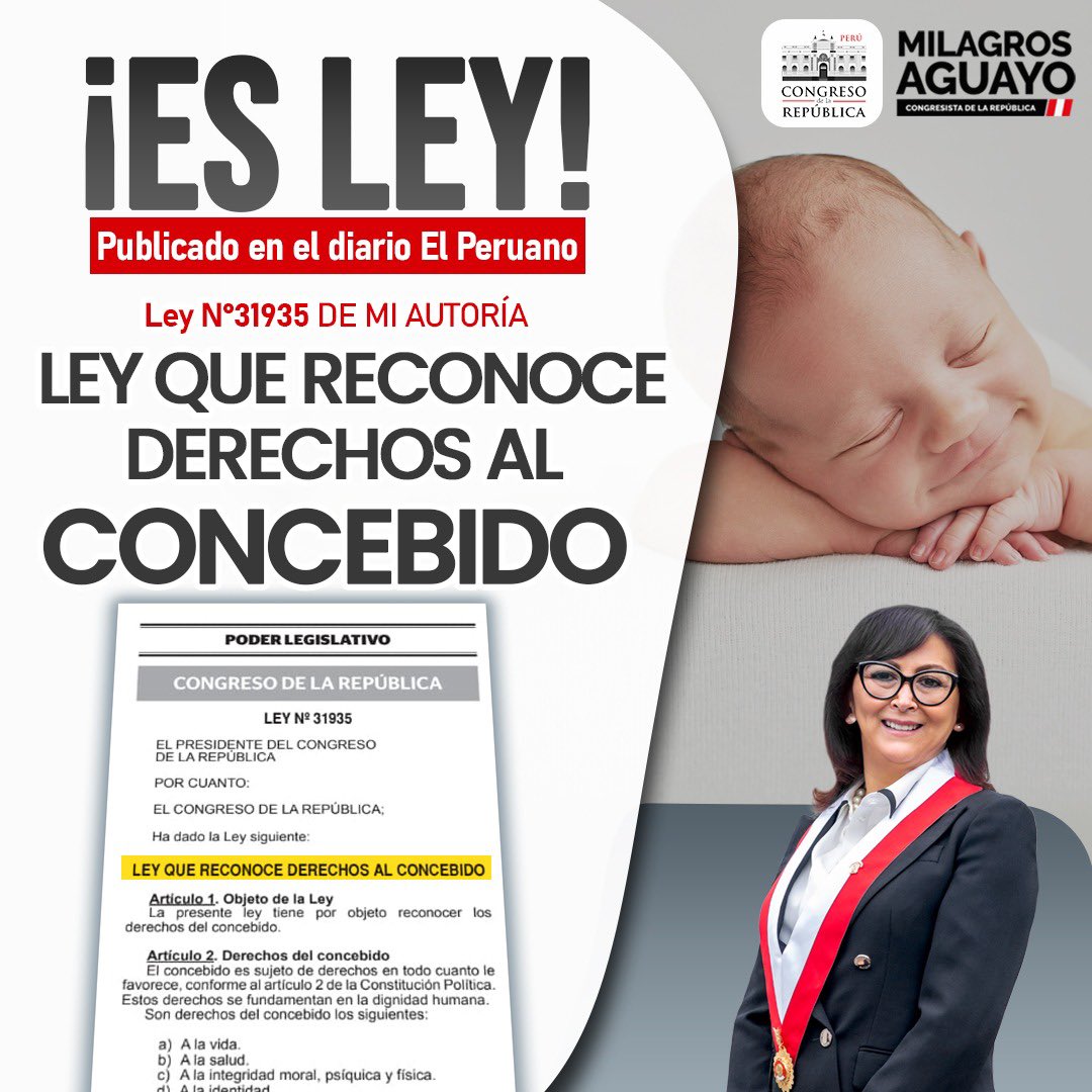 🇵🇪#ESLEY | PUBLICADO en el <a href="/DiarioElPeruano/">Diario El Peruano</a> la #Ley31935, LEY QUE RECONOCE DERECHOS AL CONCEBIDO.

¡El concebido tiene derechos!

 #PeruEsProvida #MilagrosAguayo #PorElAlmaDeAmerica #VidayFamilia

@BancadaRP