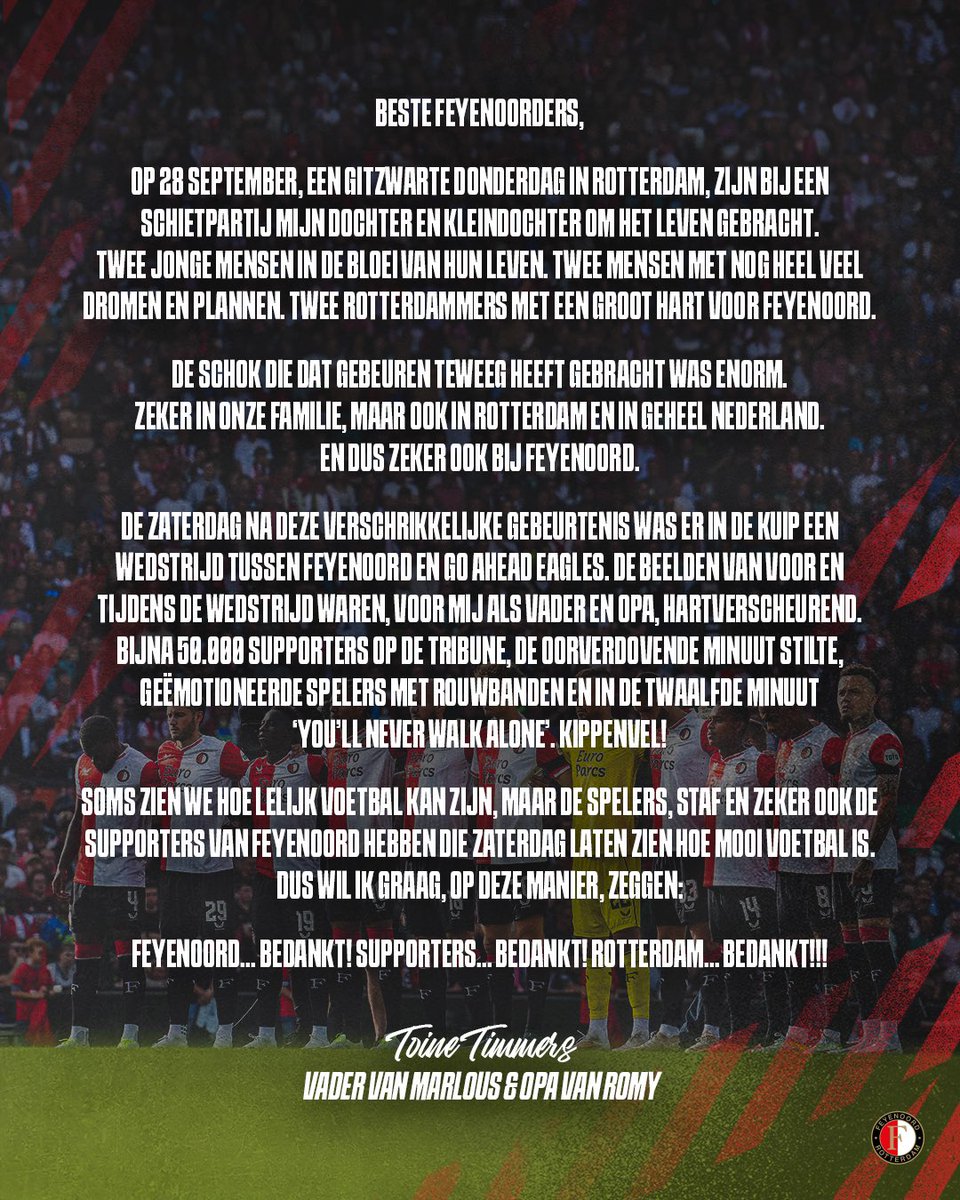 Feyenoord's tweet image. Om stil van te worden…

Deze brief ontvingen Feyenoord &amp;amp; @DeFeijenoorder van een nabestaande van het schietdrama in Rotterdam op 28 september, met het verzoek deze te delen met alle supporters.