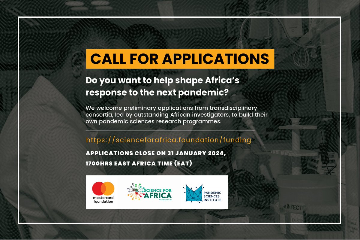 📢 NEWS: Calling outstanding leaders in #pandemic sciences in Africa. We've joined forces with @SciforAfrica & @MastercardFdn to support innovative networks of research excellence across Africa. 🗓️ Apply before 31 January 2024 Find out more 👇 scienceforafrica.foundation/funding/call-a…