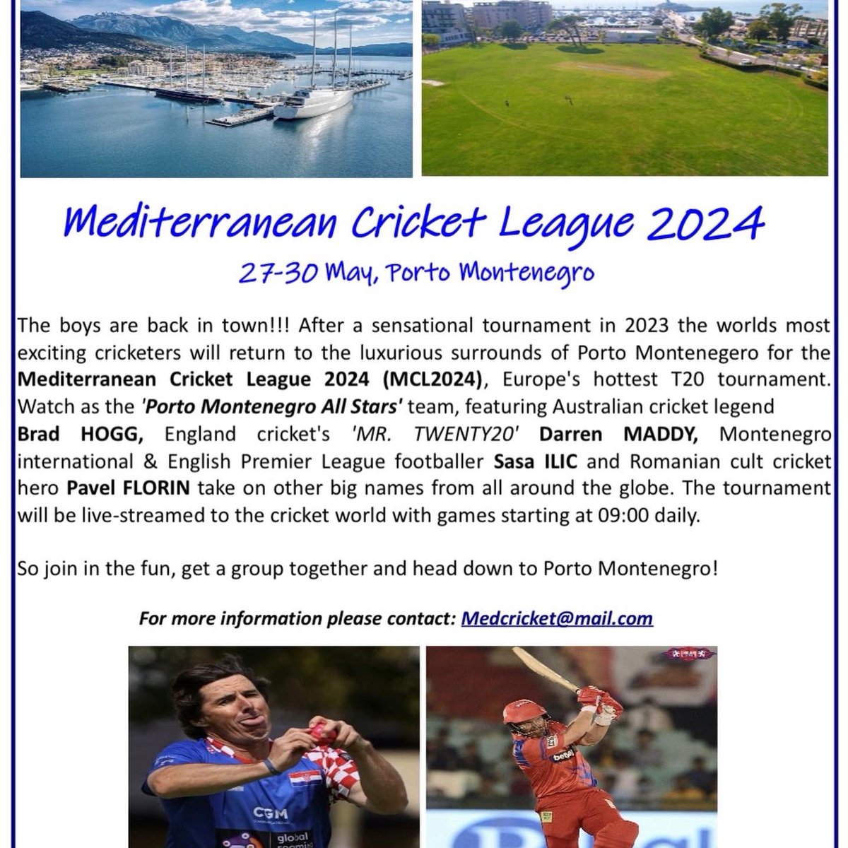 MedCricket's tweet photo. #MCL2024 Invitation is now out!
National/club/touring teams are invited so contact us now Medcricket@mail.com 

#MediterraneanCricketLeague  #PortoMontenegro#CroatianCricketFederation#SimonKatich#BradHogg #DarrenMaddy #PavelFlorin #SasaIlic #27-30May2024 https://t.co/1RXMmPFLlo