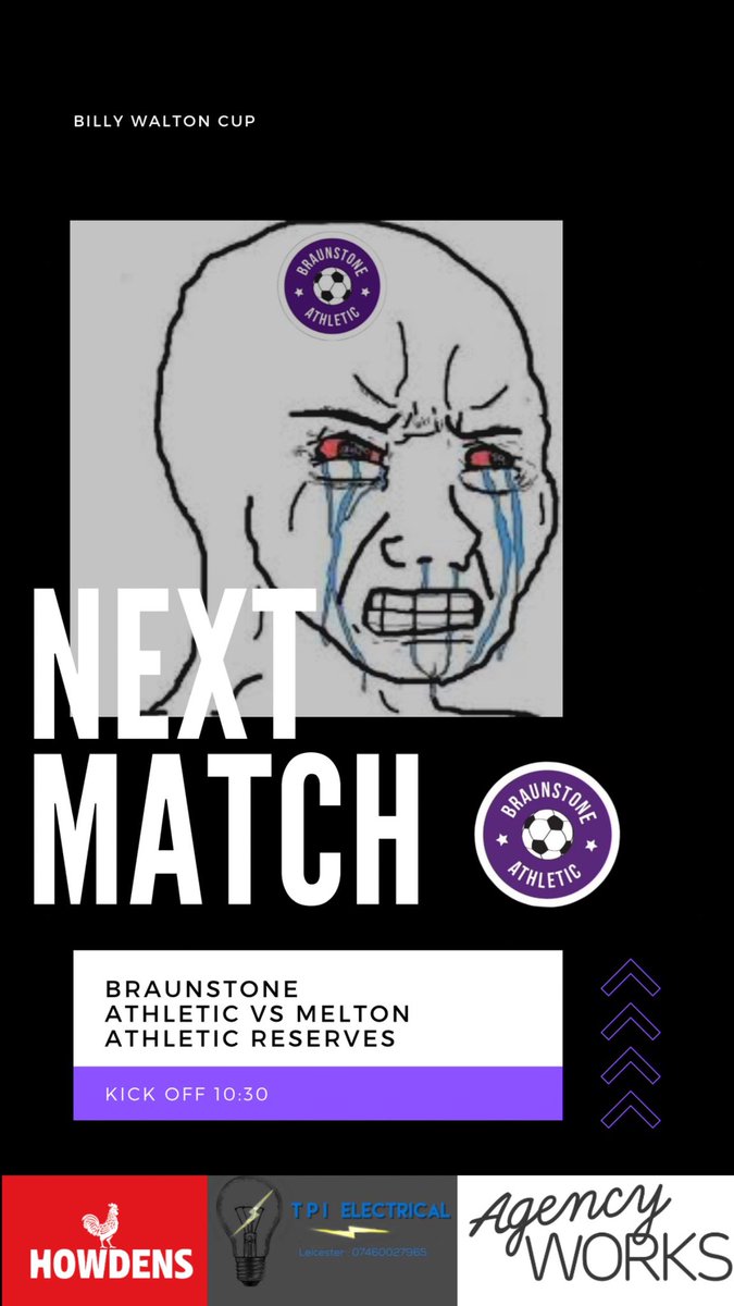🟣⚫️NEXT UP🟣⚫️

We host Melton Athletic Reserves of division 4 this Sunday in the Billy Walton Cup.

🆚 Melton Athletic Reserves.
🏆 Billy Walton Cup.
📅 19/11/2023.
⏰ 10:30am.
📌 Mossdale Meadows, Kingsway, LE3 2TW.