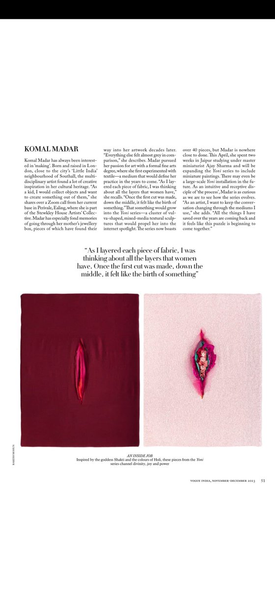 DrPoonamMadar's tweet photo. Congratulations @KomalMadar 💞
FANTASTIC to see your beautiful and important artwork feature in this month’s Vogue India 🇮🇳 

Very much looking forward to keeping up with your ‘Yoni Series’ 🙏🏽

@VOGUEIndia 
#art #artist #yoni #FoodForThought #WomenEmpowerment #Women #WomensArt https://t.co/DgAR3aqqDn