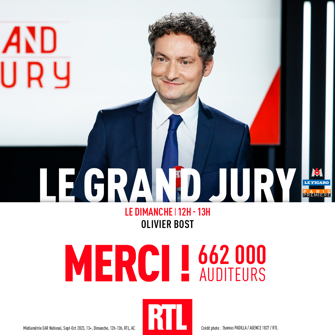 🎙🔴#AudiencesRadio MERCI ! Près de 700K auditeurs tous les dimanches pour LE rendez-vous politique du weekend @LeGrandJury sur @RTLFrance, en partenariat avec @m6info et @ParisPremiere ! #Radio #Médiamétrie #LeGrandJury