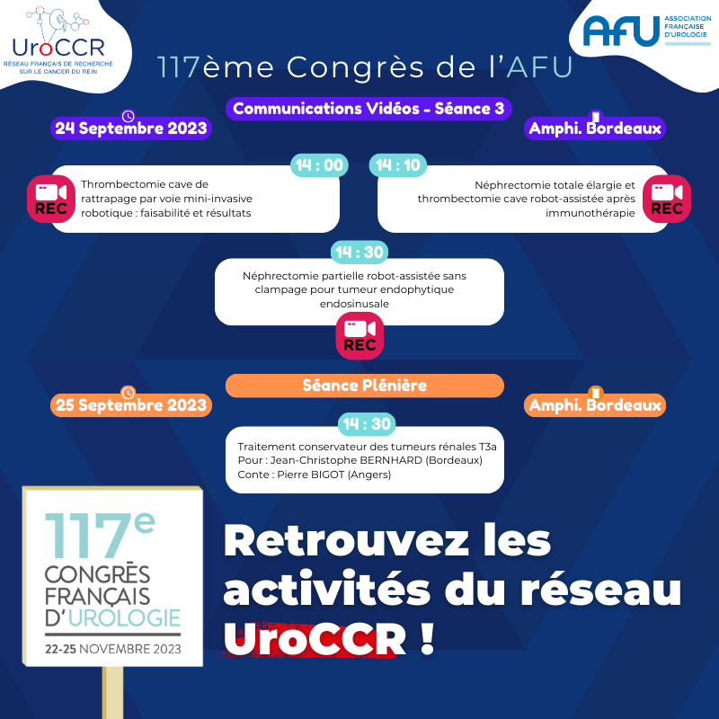 uroccr's tweet photo. 📢 117ème Congrès Français d’Urologie 📅

📆 Du 21 au 25 novembre prochain aura lieu le 117ème Congrès Français d’Urologie organisé par l’@AFUrologie !

🔍L’occasion de retrouver des projets portés par le #réseau UroCCR !

#kidneycancer #urology #research #network #cfu #meeting https://t.co/JxIpOFXvfi
