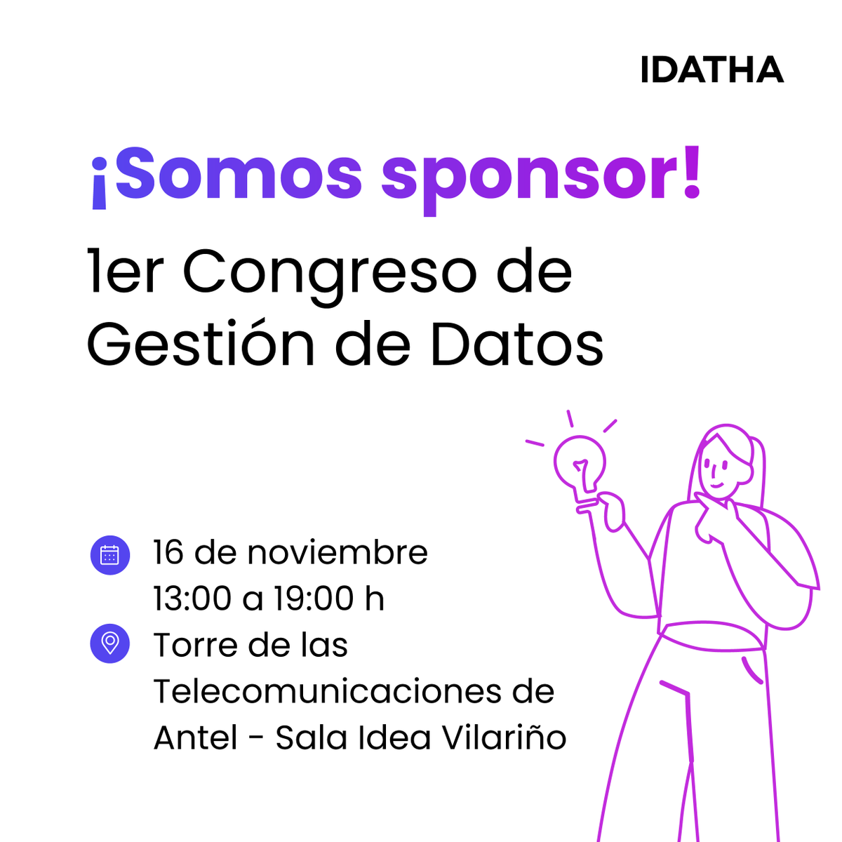 🌟¡Es hoy!
 
Somos sponsor del 1er Congreso de Datos organizado por @Damauruguay
Gran oportunidad para actualizarte en las últimas tendencias de gestión de datos y hacer networking.

¡Te esperamos! 

Info ➡ lnkd.in/dxKHMA3c

 #gestiondedatos #gobernanza #data #IDATHA