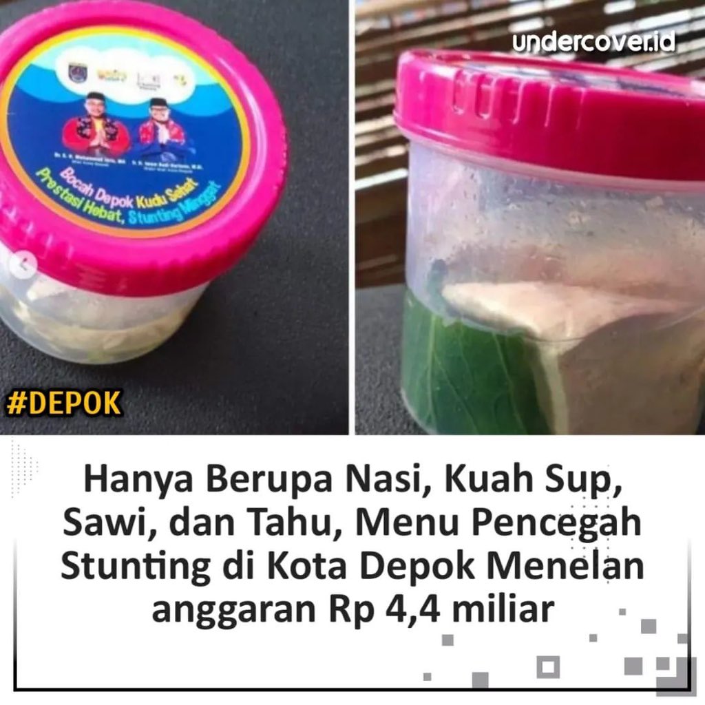 sosmedkeras's tweet image. Menu program pemberian makanan tambahan (PMT) Dinas Kesehatan (Dinkes) Kota Depok di Kecamatan Tapos menuai kritik dari masyarakat. Pasalnya, menu pencegah stunting yang disajikan dengan anggaran Rp 18.000 per paket hanya berupa nasi, kuah sop, dan tahu rebus.

Masyarakat menilai