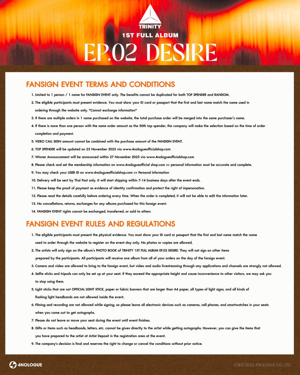 TRINITY 1ST FULL ALBUM EP.02 DESIRE FANSIGN EVENT
วันที่ : วันอาทิตย์ที่ 3 ธันวาคม 2566
เวลา : 15:00 – 20:00 น.

👉🏻วิธีการเข้าร่วมลุ้นสิทธิ์ TRINITY FANSIGN EVENT
ซื้ออัลบั้ม TRINITY 1ST FULL ALBUM EP.02 DESIRE
• ALBUM EP.02 DESIRE VER.A
• ALBUM EP.02 DESIRE VER.B
ราคา 590