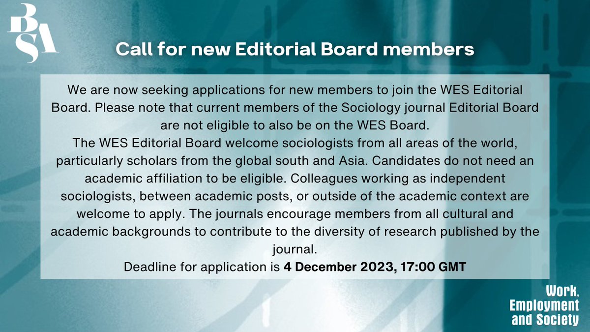 We are looking for new Editorial Board members! Deadline for application 4 December 2023. Details below. mi-nomination.com/britsoc