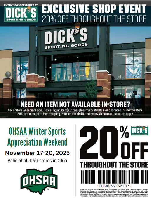 OHSAA Sports (@ohsaasports) on Twitter photo THIS WEEKEND stop at ANY OHIO <a href="/DICKS/">DICK'S Sporting Goods</a> location for 20% off with the coupon linked below.
cmm.dickssportinggoods.com/crmcdn/getoffe…
It’s #OHSAA Shop Days at DICK’S Sporting Goods. Winter Shop days run from Nov. 17-20. THIS WEEKEND stop at ANY OHIO <a href="/DICKS/">DICK'S Sporting Goods</a> location for 20% off with the coupon linked below.
cmm.dickssportinggoods.com/crmcdn/getoffe…
It’s #OHSAA Shop Days at DICK’S Sporting Goods. Winter Shop days run from Nov. 17-20.