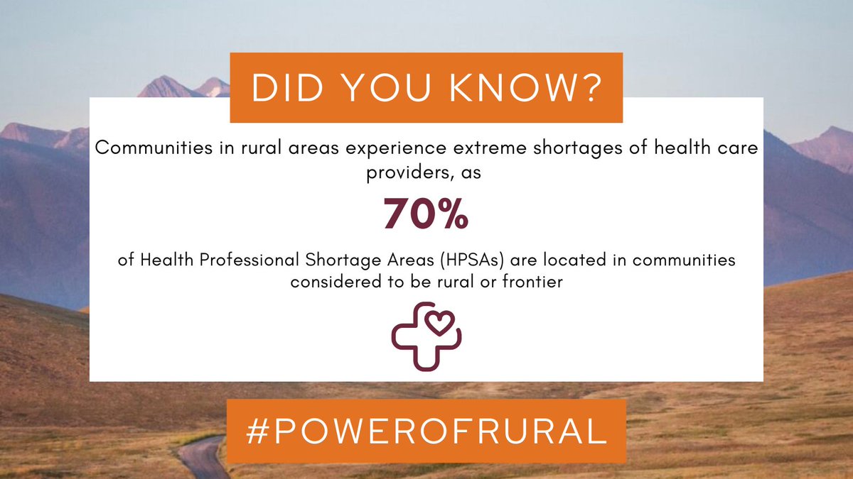 Did you know? Communities in rural areas experience extreme shortages of healthcare providers, as 70% of HPSAs are located in communities considered to be rural or frontier. More: bit.ly/47cBylg

#powerofrural #nationalruralhealthday #nrhd #rural #ruralhealth