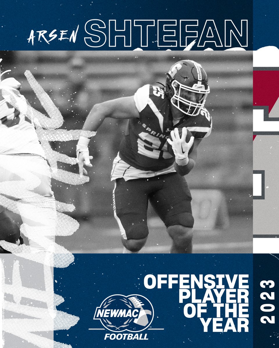 Congratulations to <a href="/SC_Pride/">SpringfieldAthletics</a> Arsen Shtefan, the 2023 NEWMAC Football Offensive Player of the Year! 

⭐  Led league with 1,206 yards rushing
⭐ Total yards is 11th in NCAA DIII
⭐  Led league with 120.6 yards per game 

#GoNEWMAC // #WhyD3