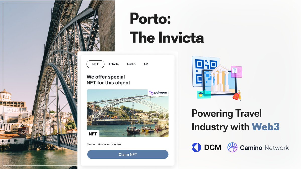 DCMSwiss's tweet photo. 🔥Spotlight #Travel City of the Day #Porto .Take our customized #web3tours &amp; collect unique souvenir #NFTs. Be a part of the Travel 3.0 revolution with #DCMWeb3tours, powering the travel industry with #Web3   . #web3experiences #web3travelecosystem #TravelTheWorld #traveltech https://t.co/dWY3ZKgho1