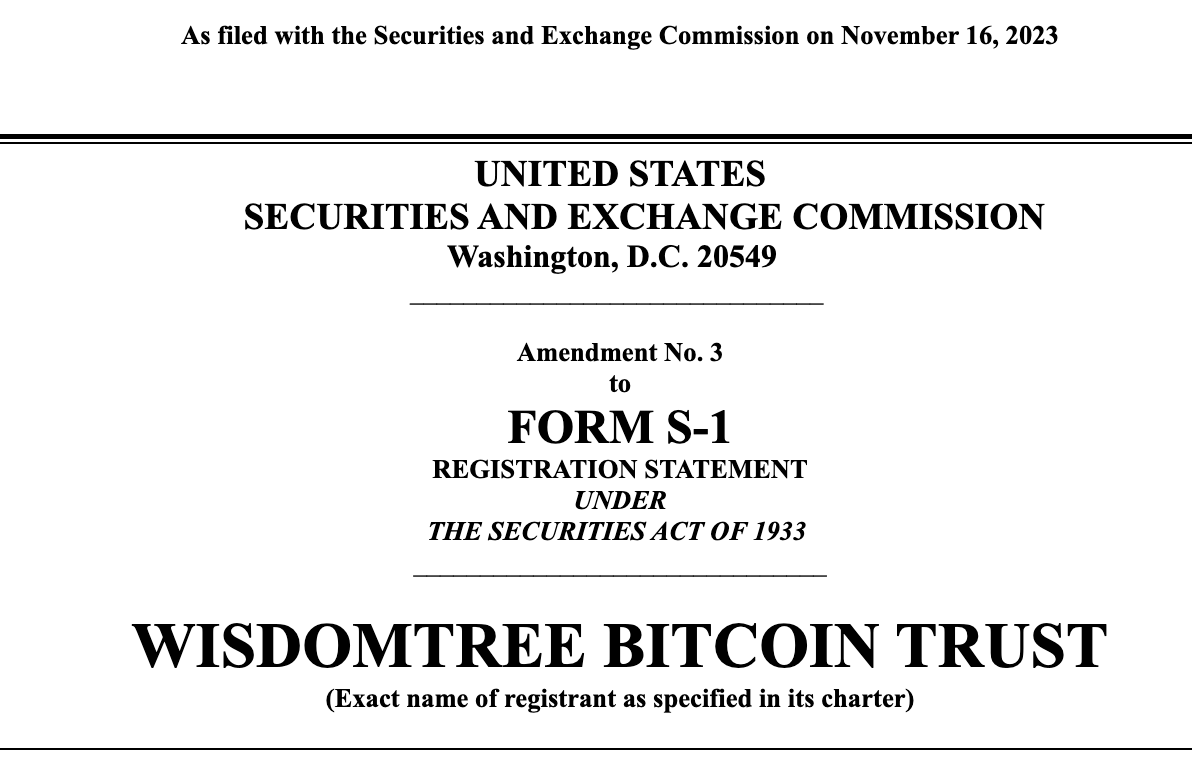 BitcoinMagazine's tweet photo. JUST IN: 🇺🇸 $94.2 billion WisdomTree filed an updated version of its spot #Bitcoin ETF S-1 application.

All eyes on the SEC 👀 https://t.co/cu77Uor8mF