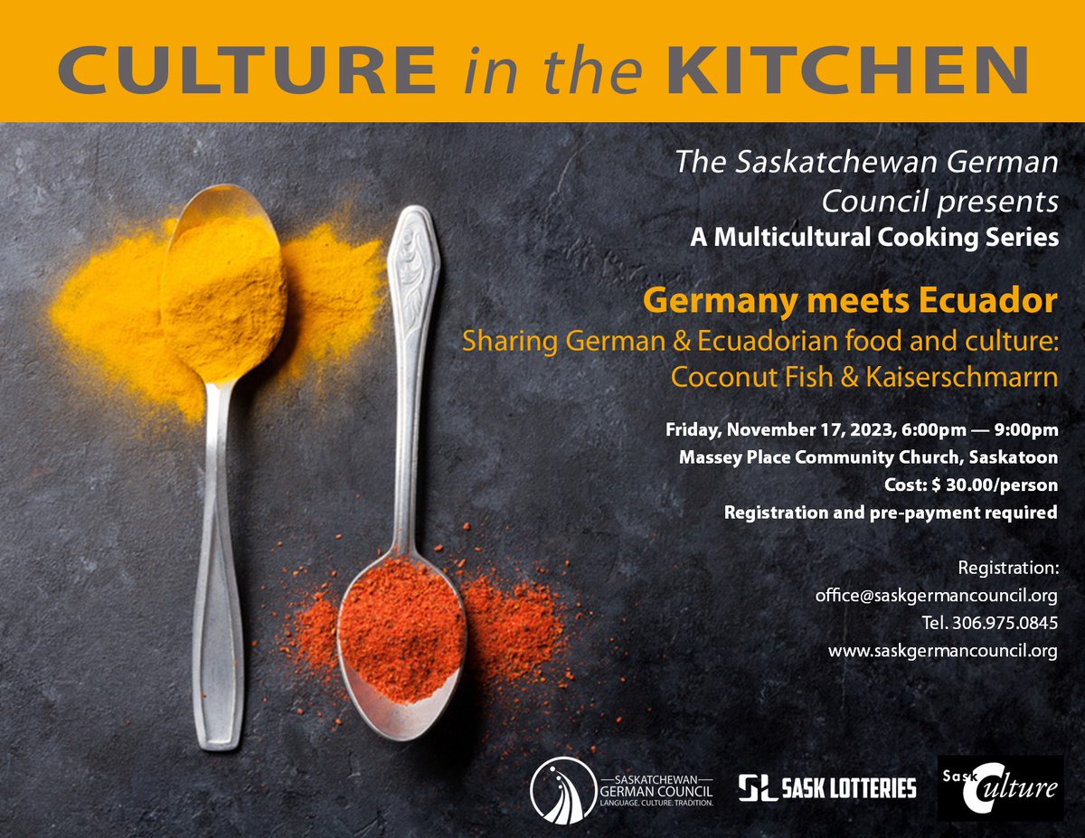 Exciting event alert! Join us for 'Culture in the Kitchen – Germany meets Ecuador' on Nov 17, 2023 in Saskatoon. Limited spots left, so register now! Don't miss out on this unique culinary experience. Contact us at office@saskgermancouncil.org. #Foodie  #cookingevent #saskatoon