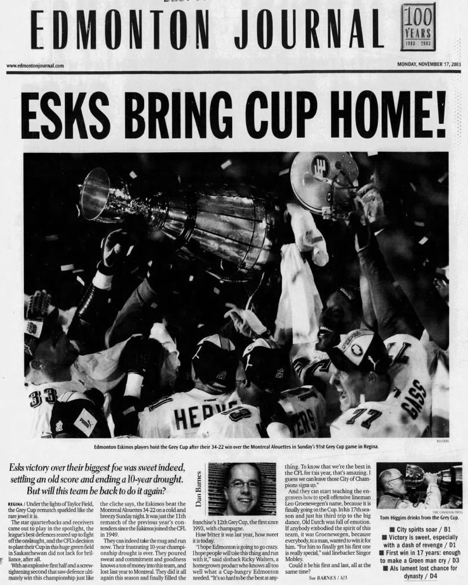 EdmHistorEE's tweet photo. 20 years ago today, Edmonton won their 12th Grey Cup, beating the Montreal Alouettes 34-22, avenging their loss in the 90th Grey Cup in 2002. Receiver Jason Tucker was named MOP, as sophomore QB Ricky Ray connected with him for two TD passes in the victory. #HistorEE https://t.co/16nlrrsO50