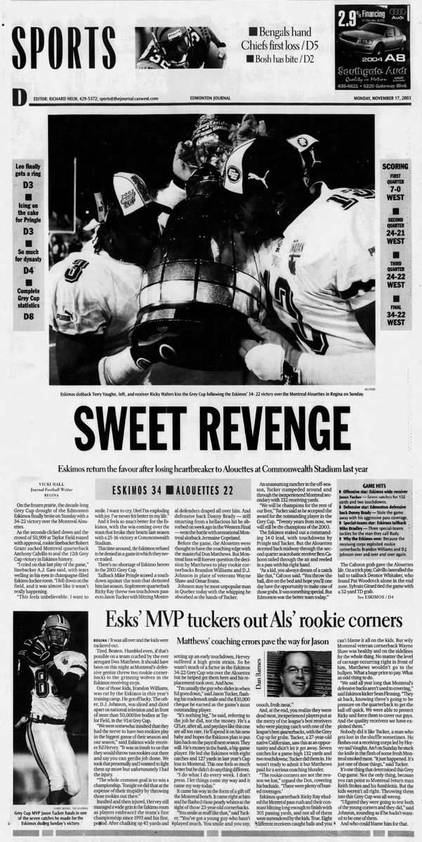EdmHistorEE's tweet photo. 20 years ago today, Edmonton won their 12th Grey Cup, beating the Montreal Alouettes 34-22, avenging their loss in the 90th Grey Cup in 2002. Receiver Jason Tucker was named MOP, as sophomore QB Ricky Ray connected with him for two TD passes in the victory. #HistorEE https://t.co/16nlrrsO50