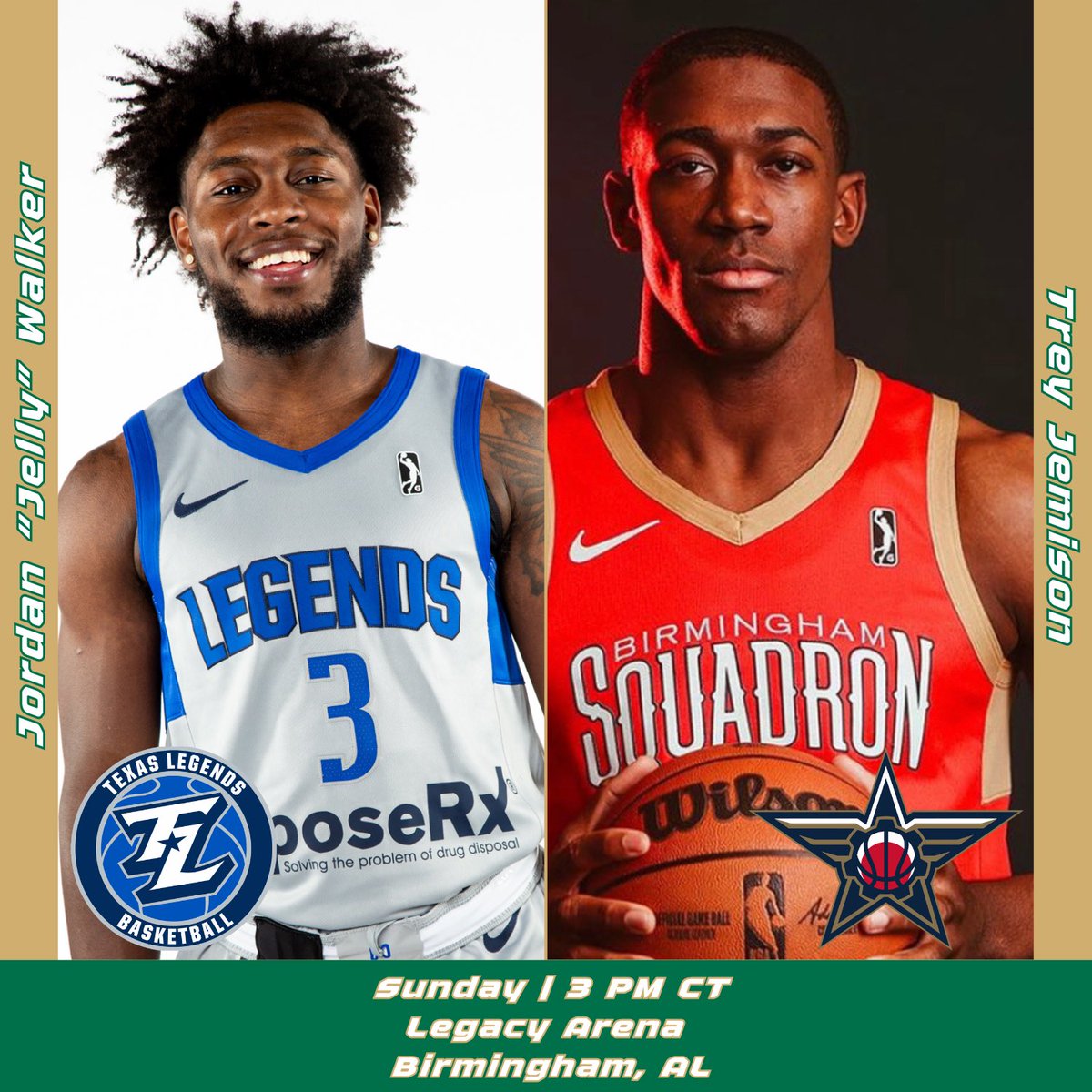 Blazer Fans! Get out to Legacy Arena this Sunday afternoon as two of our own battle in the NBA G League! Jelly Walker and the Texas Legends take on Trey Jemison and the Birmingham Squadron! Tickets are cheap! Support our pro Blazers! #OneSquad #Legends 🐲🏀