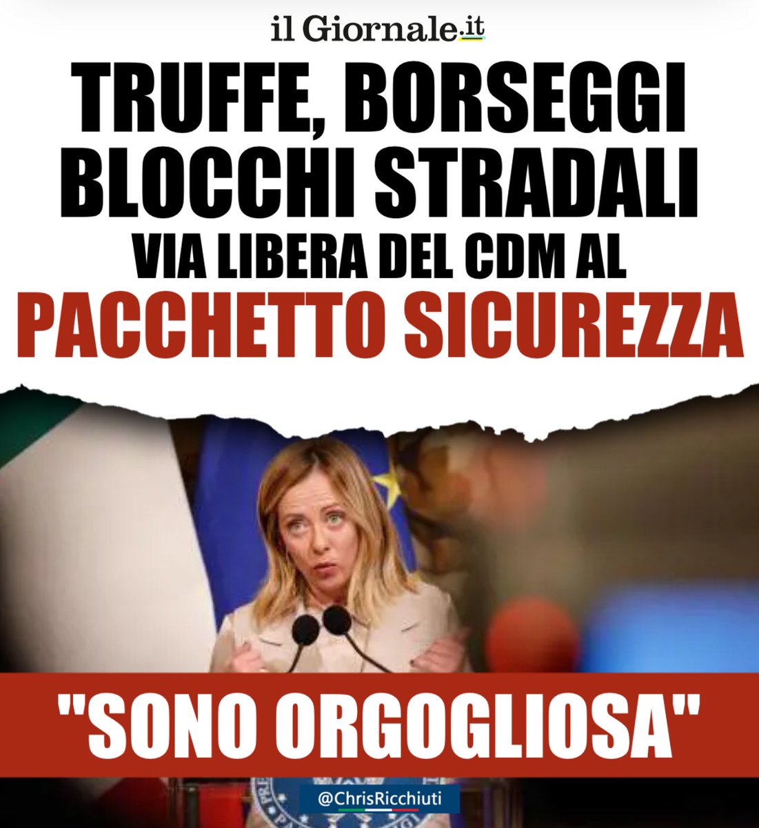 PACCHETTO SICUREZZA‼️

Pene più severe per i reati di resistenza a pubblico ufficiale, per le occupazioni abusive, i borseggi e l'accattonaggio con minori. Stretta anche sui blocchi stradali.

Avanti Presidente! 🇮🇹
#16novembre