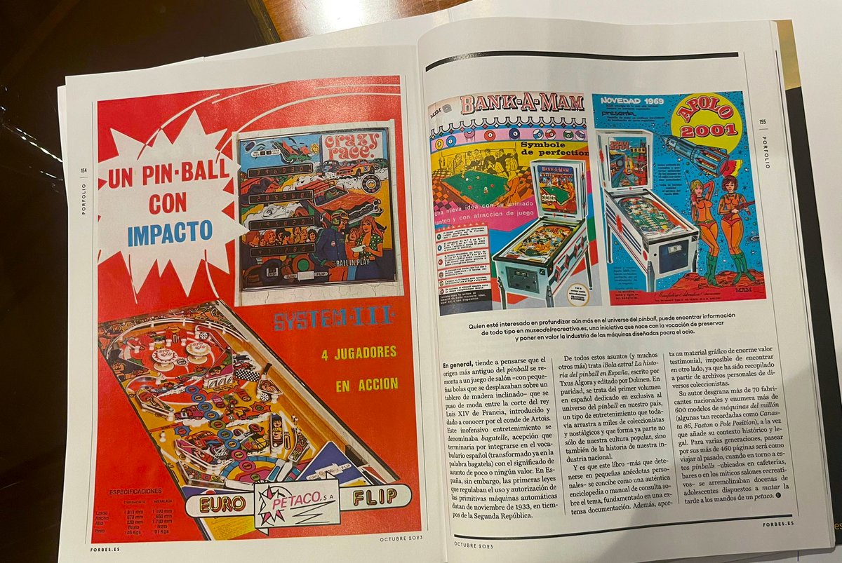 La #revista <a href="/Forbes/">Forbes</a>  se hace eco de la historia del #pinball en #España. Hablan del trabajo de nuestro amigo y compañero <a href="/TxusAlgora/">Txus Algora</a> , colaborador del #MuseodelRecreativo y autor del libro #BolaExtra. ¡¡Enhorabuena!! pero por un momento pensamos que estabas en la lista #forbes😜