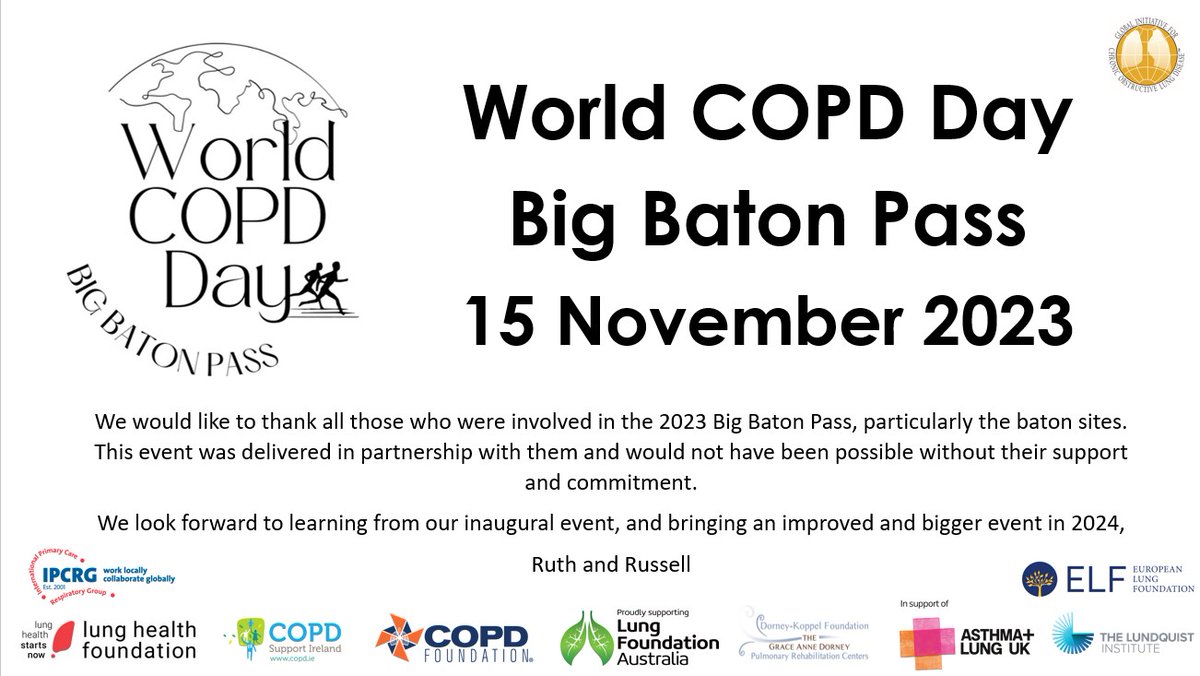 The inaugural #WorldCOPDDayBatonPass 2023. Thank you to everyone who got involved and supported us to deliver a 25 hour live broadcast. After getting some sleep and reflecting, I am so proud of what @russwinn66 and I pulled off and achieved for a first go despite many bloopers.