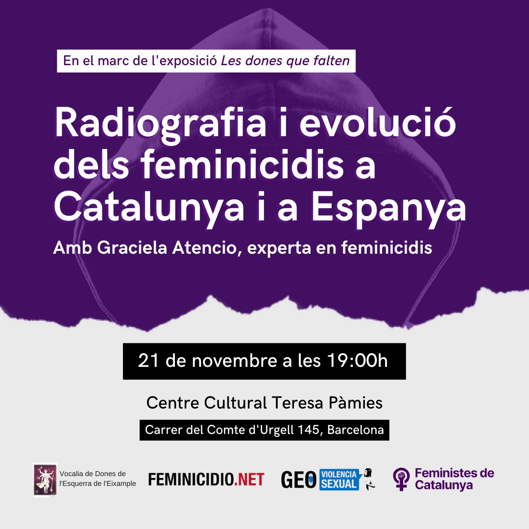 feminicidio's tweet photo. ‼️ Este martes 21 de noviembre no te pierdas el último pase de "Radiografía y evolución de los feminicidios en Cataluña y en España", en Barcelona, impartido por Graciela Atencio, directora de https://t.co/OL8ymFJ172, en el marco internacional del #25N día Internacional de la Eliminación de la Violencia contra la Mujer, donde además podréis disfrutar de la nueva exposición de "Les dones que falten" de @feministes_cat ¡Nos vemos allí!

📍CC Teresa Pàmies (Comte d’Urgell 145) Barcelona
📅 21 de Noviembre 
🕖 A las 19:00h
🟣 Conferencia presencial 

¡Te esperamos! 

#feminicidios #niunamenos #niunamas #nosqueremosvivas #enmemoria #bastaya #terrorismomachista #hartas #Noosolvidamos #AlertaFeminista‼️